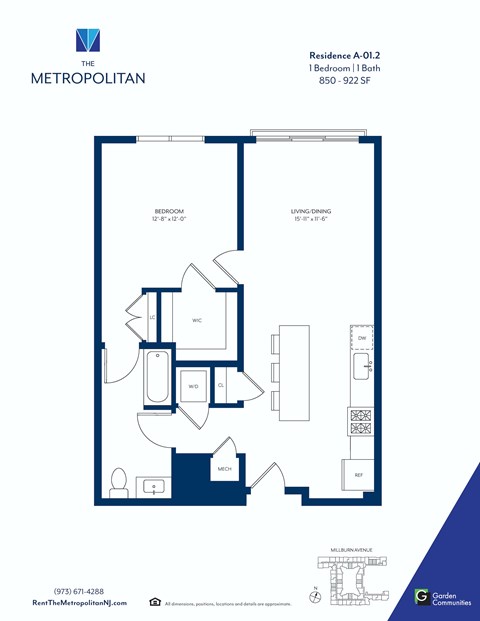 Floor plan for 1 bed, 1 bath, 870 sqft